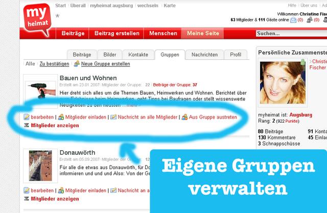 Unter "Gruppen": Gruppen verwalten, Text ändern, austreten, Freunde einladen ...