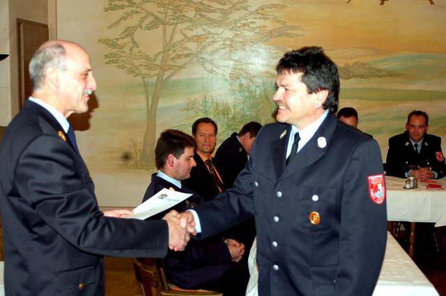 Für 25 Jahre aktiven Feuerwehrdienst bei der Wertinger Freiwilligen Feuerwehr, wurde der ehemalige 2.Kommandant Stefan Kaiser (Bild rechts) von KBI Anton Winkler mit dem Ehrenkreuz in Silber ausgezeichnet