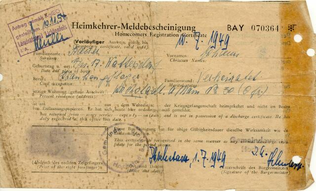 Meldebescheinigung am Wohnort: Hochstadt/Main am 1.7.1945