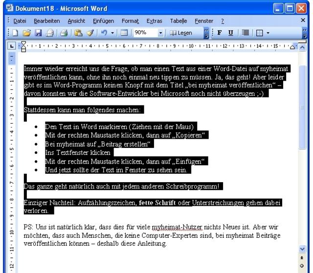 Zuerst den Word-Text mit der Maus markieren ...