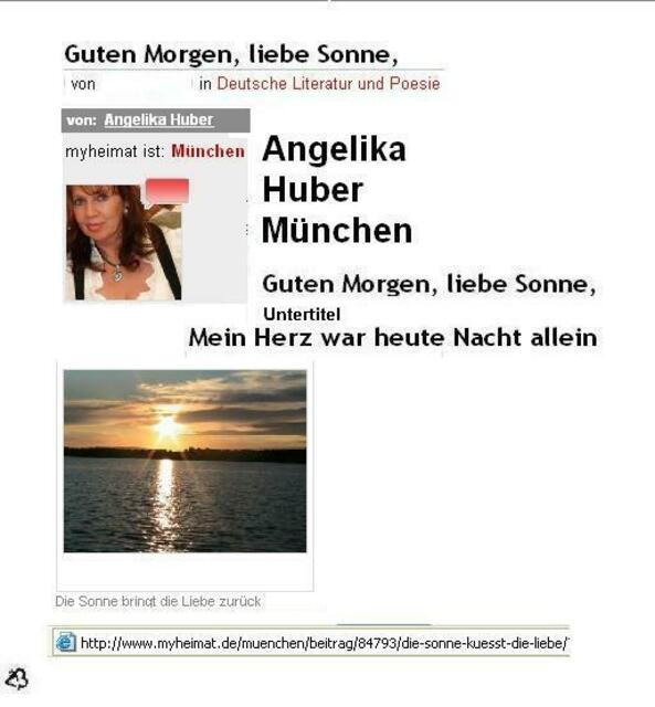 Angelika Huber &#8211;  Beitrag: Guten Morgen liebe Sonne > Untertitel. Die Sonne küsst die Liebe siehe auch: - http://www.myheimat.de/muenchen/beitrag/84793/die-sonne-kuesst-die-liebe/?lesen/    Foto: Sonnenaufgang von Angelika Huber http://www.myheimat.