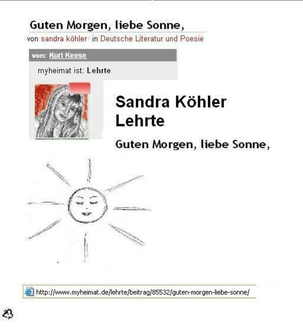 Sandra Köhler > Beitrag: Guten Morgen liebe Sonne &#8211; siehe auch: > http://www.myheimat.de/lehrte/beitrag/85532/guten-morgen-liebe-sonne/  > Foto: Sonne Zeichnung von Sandra Köhler   - 1. Aufgabe Deutsche Literatur  > http://www.myheimat.de/muenchen/b
