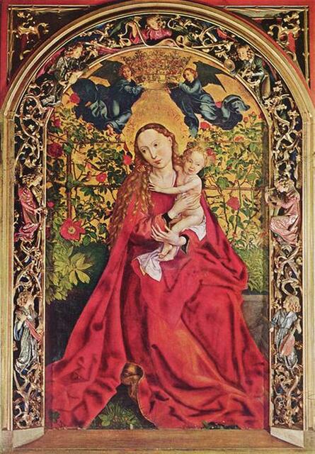 Maria in einem roten Gewand mit dem Jesuskind im Arm ist vor dem Hintergrund eines mit Singvögeln bevölkerten Rosengartens dargestellt. Schongauer gilt als der bedeutendste Maler und Kupferstecher vor Dürer. | Foto: http://commons.wikimedia.org/wiki/File:Martin_Schongauer_-_Madonna_of_the_Rose_Bush_-_WGA21043.jpg?uselang=de