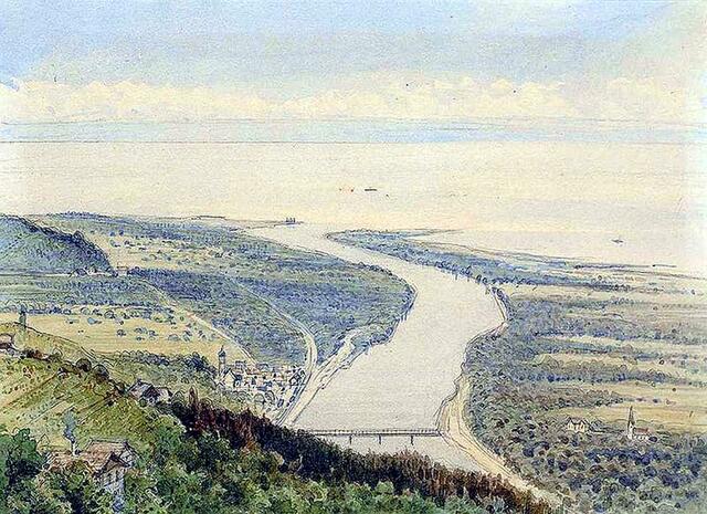 Die ursprüngliche Mündung des Flusses war bei Rheineck in der Schweiz. Wenn im Frühling die Schmelzwasser des Alpenschnees dem Bodensee zuströmen, trat der Rhein regelmäßig über die Ufer, was er bei uns hier in Linz immer noch tut.