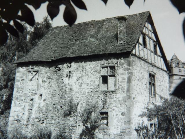 Blick vor 50 Jahren aus dem Gutspark auf die "Obere Burg" in Richtung Wehrkirche.