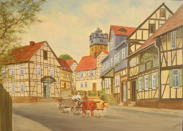 Rathausstraße in Fronhausen gemalt von Otto SCHARF. Rindergespann mit Heinrich Kraft und seinem Vater (Dorfname "Dälmanns").