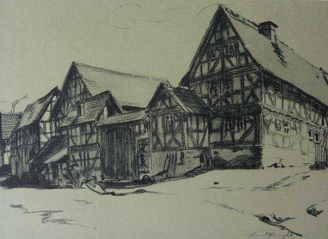 "Hofreite, Fronhausen" steht im Inhaltsverzeichnis der Mappe zum Bild von Karl Lenz, das er 1926 gezeichnet hat. Bitte die Bilder von der Serie zur alten Schmiede vergleichen.
