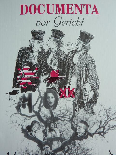 Collage/Montage zum zweiten documenta-Buch (1997): Richter beurteilen den documenta-Stammbaum mit den Heroen Bode, Szeemann, Schneckenburger, Fuchs, Hoet und David. Reform der documenta über JUSTIZ ART der ars evolutoria.