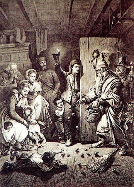 Nikolaus und Rupprecht betreten die Stube, Holzstich aus :" Weihnachtsbräuche 1885