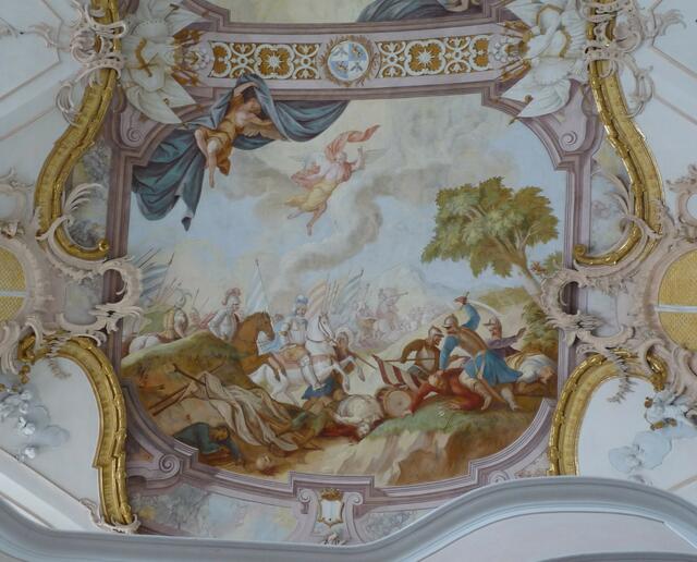 Deckenfresko im Kirchenschiff: Graf Rasso als Retter in Feindesnot