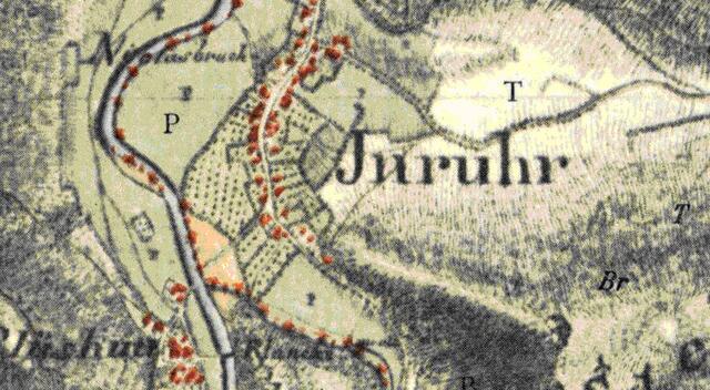 Tranchot 1807/1808 Auf beiden Karten ist eine Mühle (Moulin) außerhalb und im Süden des Ortes an der Erkensrur zu erkennen.