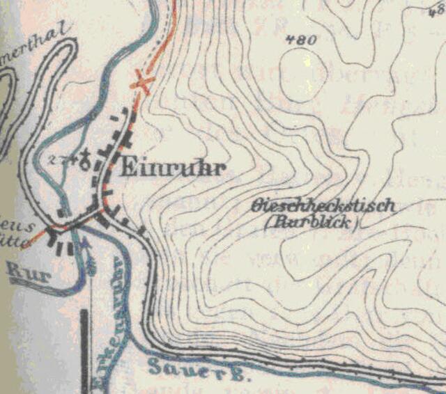 Karte des Eifelvereins vor 1910 Es wurde keine Mühle eingezeichnet. Nebenbei bemerkt ist wohl der alte Rurverlauf deutlich zu erkennen.