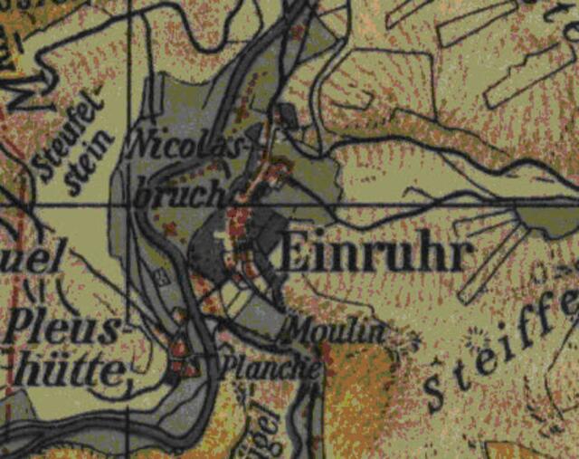 Eymar 1807/1808 Auf beiden Karten ist eine Mühle (Moulin) außerhalb und im Süden des Ortes an der Erkensrur zu erkennen.