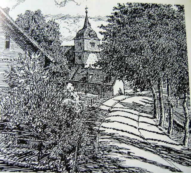 Kirchvordener mit Kirche , rechts hinter Bäumen die Volksschule