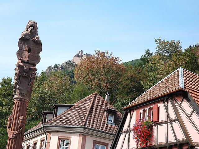Place de la République mit Blick auf das Schloss Girsberg, eines von drei Schlössern, das die Familie Rappoltstein im 13. Jh. erbauen ließ.