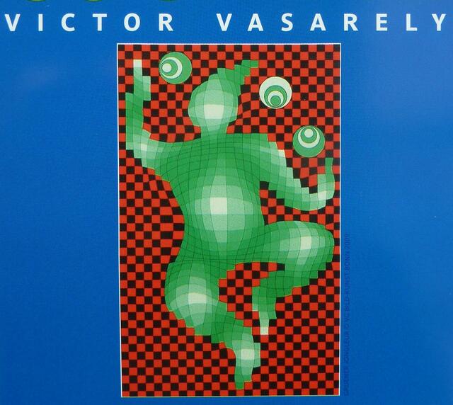 Mathematikum-Einladungskarte (Ausschnitt) mit VASARELY- Harlekin auf Schachbrett-Unter/Hintergrund. (W.H. a&s)