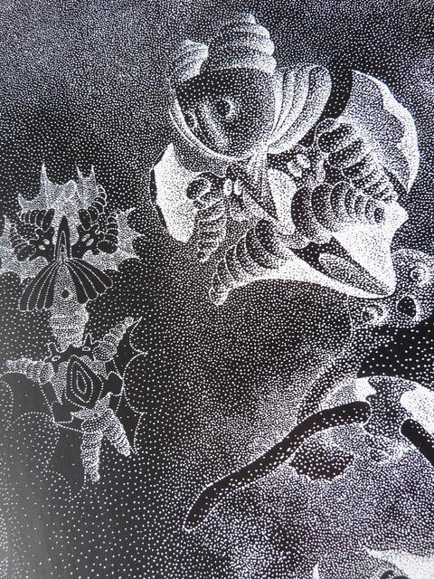 Neo-Pointillismus der ars evolutoria (Evo-devo-art; science art). Weiße Punkte auf schwarzem Grund. Pointillistischer Evolutionismus, der nichts mit Georges SEURATs Zeichnen (Conté-Kreide-Zeichnen) zu tun hat. Mehr Info in Hahn a.a.O. K.12.7..t.