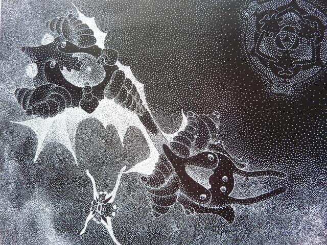 EVO-Art-Pointillismus/Atomismus: Nachurknall-Seinshaftigkeiten. Siehe Hahns Symmetriebuch 1989/98 Kap. 12.7. Fig. 688, 689a, 689b, 689c.
