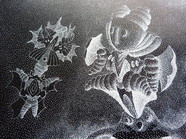 Atomismus der ars evolutoria - "Neo-Pointillismus" von evo-devo-art (zoomorphe Exoformen), der mit SEURATs Kunst nicht verwandt ist.
