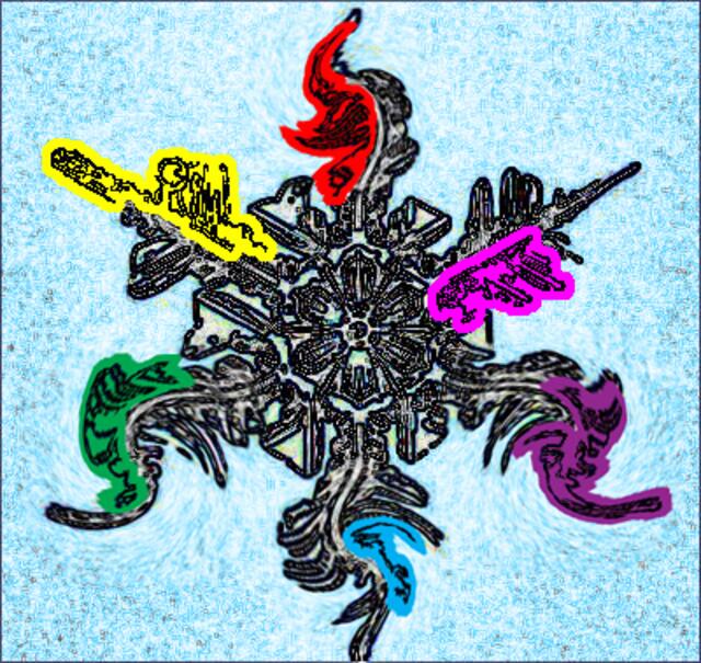 Harlekin-Happening als Hommage an die 6-zählige Symmetrie der Schneeflocke und den a&s-Farbenkreis mit 3 optischen und 3 physikalischen Grundfarben sowie das L-M/A-E-Urformmodell. (a&s-Malerei: 25/01/2010)