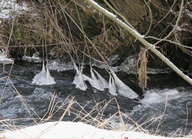 Salzböde, klares Wasser und Eisgebilde