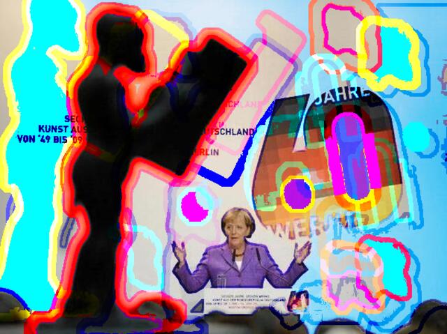 Affentheater? Nach GG-Art. 5 Abs. 3 hat der Kulturstaat ein freiheitliches Kunstleben zu erhalten und zu fördern. Hier A.M. bei 60/60 in Berlin, wo sie unglaubwürdig argumentiert hat - siehe Text des Artikels. (a&s-Bild-Mutante 26/2/10.)