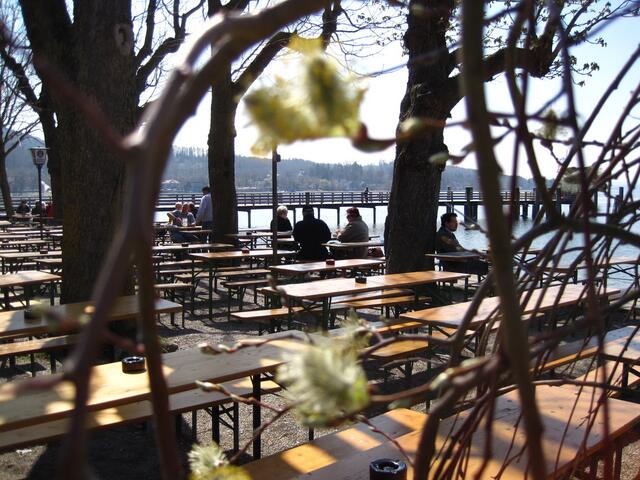 langsam finden sich die ersten Gäste im Biergarten ein. Oben und mittig, etwas unscharf, ein blühendes Weidenkätzchen