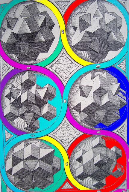 Göttliche GEOMETRIE: Aus 5 platonischen Elementarkörpern sollte dei Vielzahl der Dinge der Welt hervorgehen. W.H.s Urform-Theorie kommt zu neuen Erkenntnissen in der ETOE. Bild Wenzel JAMNITZER: 1508-1585. Coloriert W.H. 12/4/10.