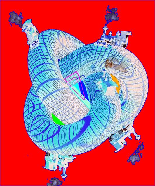 STRING-Schwingung? - Form und Richtung der ZEIT enantiomorph. a&s-Mutationsbild  Lokomotivenfahrt komplementär gespiegelt; n. Stephen HAWKING: Das Universum in der Nußschale (2001). a&s-Bild.