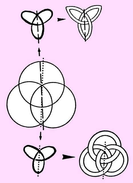 Fusion als Fission: dreistrahlig-rotationssymmetrische Knotenschleifen-Bahn doppeltgespiegelt: Symbolfigur Abb.483 W.H. (1) a.a.O. (Kap. 11.6.7.).