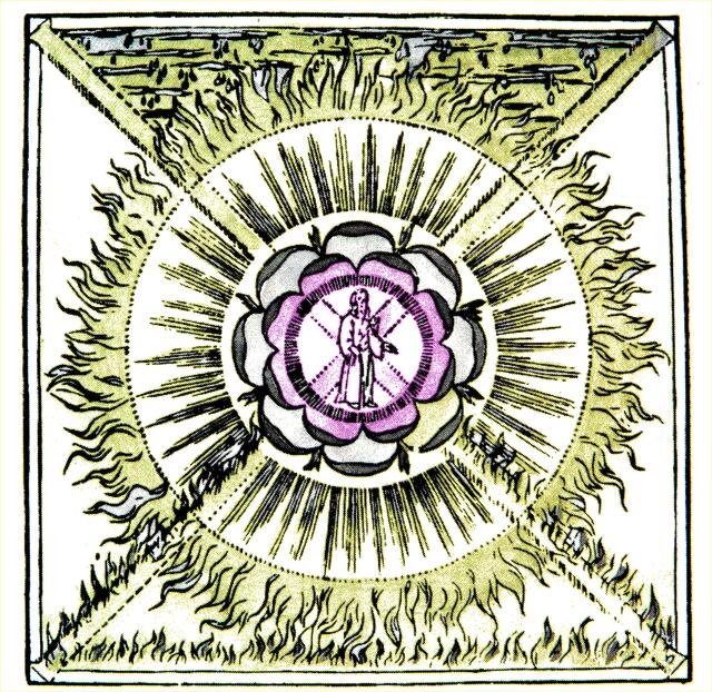 Abbildung eines "Rosenkreuzes" (16./17.Jh.). Dem alchemistisch-religiösen Bild widmete Goethe ein Gedicht "Die Geheimnisse" (1784/86). (...) "Und aus der Mitte qillt ein heilig Leben dreifacher Strahlen, die aus eienm Punkte dringen". a&s-mut.-Abb.