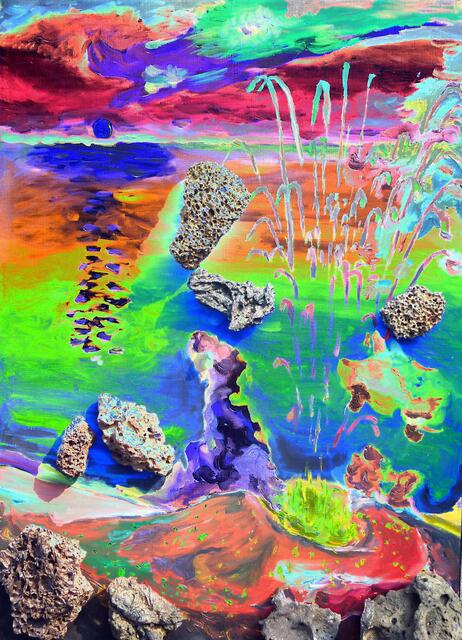 Mutation des ersten Bildes von W.H. zu seiner ars evolutoria Malerei: "STROMBOLI" (mehr im Artikeltext). Installation mit Lavagestein v. 25/4/10.