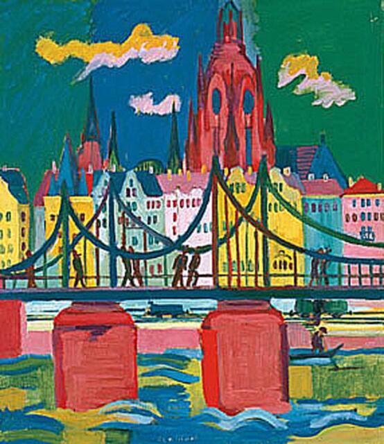 Kirchners "Der Frankfurter Dom" von 1926. Mit Eisernem Steg, den E.L.K. bei seinen Frankfurt-Besuchen faszinierte. Der Maler-Architekt zeichnete und malte gerne Brückenbauwerke. (Kat. 130/S. 280.)