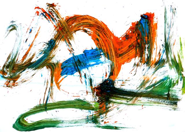 Pferdchen in Orange? Sicherer nicht, denn Menschenaffen können nicht gegenständlich malen! Bild aus der "Krefelder Schule" - von BARITO (Orang Utan Mann) gemalt. Foto a&s W.H.