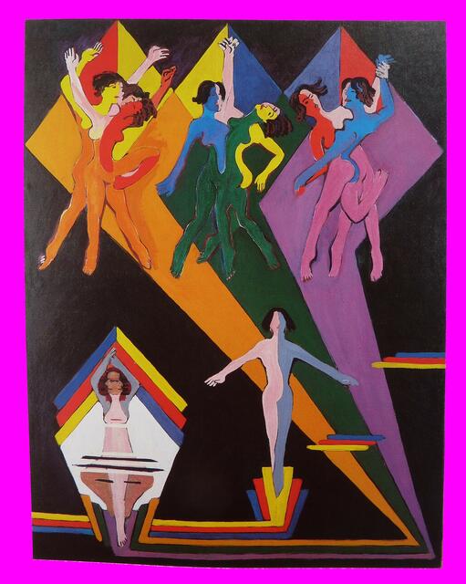 1932/37er Gemälde  „Tanzende Mädchen in farbigen Strahlen“ (Kirchner Museum Davos). E.L.K. hat seine „Farbenlehre“ in farbflächenhafter Gestaltung visualisiert dargestellt. Der Maler-Architekt Kirchner lässt alles Farben-Getrennte zur Einheit verschmelzen
