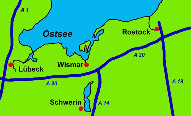 Rostock - größte Stadt in Mecklenburg-Vorpommern (MV), Schwerin - Landeshauptstadt von MV, Wismar - Weltkulturerbe-Stadt in MV, Lübeck - Weltkulturerbe-Stadt in Schleswig-Holstein
