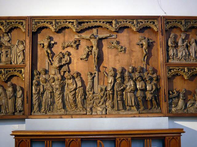 Gotischer Flügelaltar, Nachbildung eines 1450 von Lübeck nach Husum-Mildstedt gelieferten Eichenholzaltars von Claus Berg.