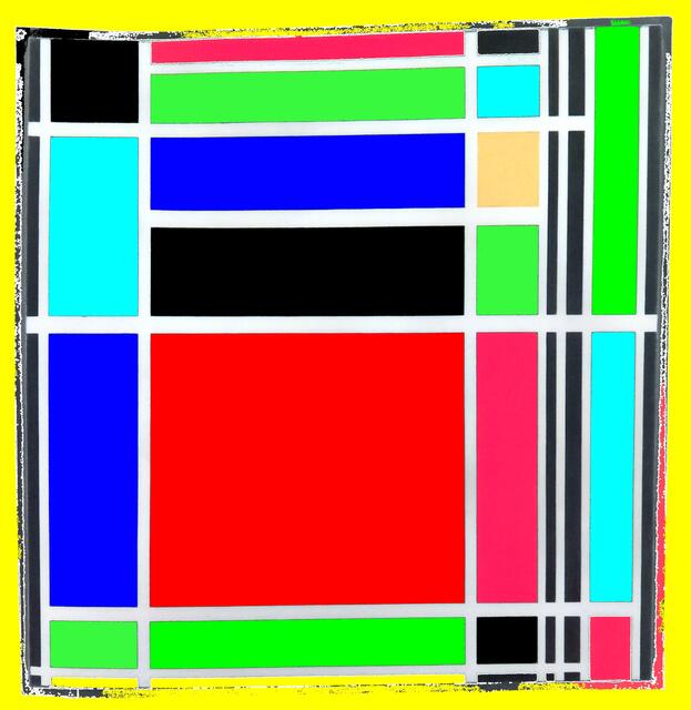 Werner SCHMALENBACHs „Bild des Jahrhunderts“  - ein MONDRIAN. Im Bild ein a&s-mutiertes Werk Piet MONDRIANS (1937er Tafelbild mit Linien): "R/Evolutionisierung eines MONDRIAN mit rotem MALEWITSCH-"Quadrat". Bild 1/17/7/10.