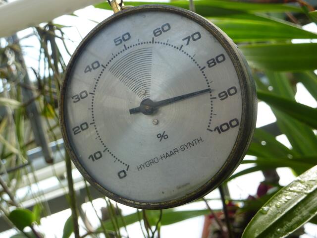 Ohne dieses Messinstrument geht's im BoGa-Gewächshaus für Orchideen nicht: Das Hygrometer ist ein Messinstrument zur Bestimmung der Luftfeuchtigkeit, also des Wasserdampfgehaltes der Luft.