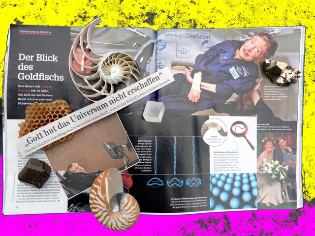NICHT-außerirdisch: Installation mit dpa, FOCUS und Stephen Hawkings symbolischer Lieblings-Spirale. September 2010.