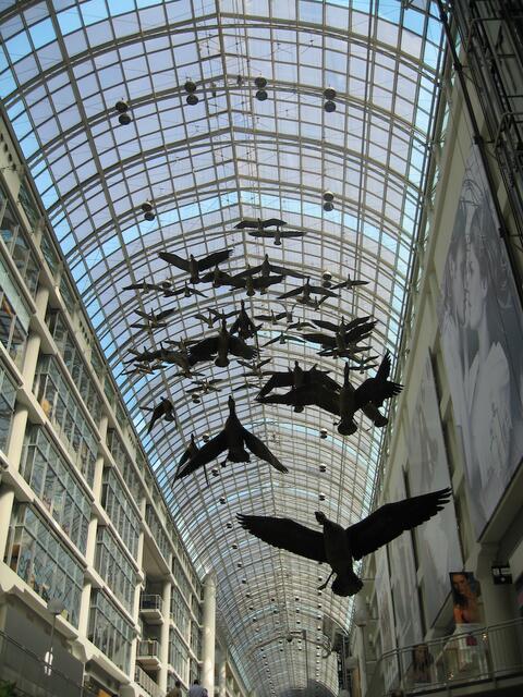 In der Glaspassage in Torontos Shopping Mall Eaton Centre sind 60 lebensgroße Kanadagänse als Kunstwerk von Michael Snow zu sehen.