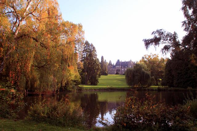Das Schloss hinter herbstlichem Teich