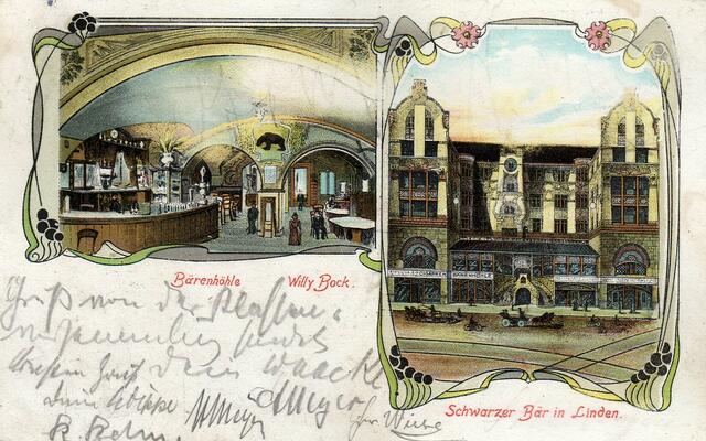 Links Restaurant Bärenhöhle, Lithografie. Rechts vom Tresen, inmitten des Lokals, ist das Bildnis eines Bären zu sehen, um 1903