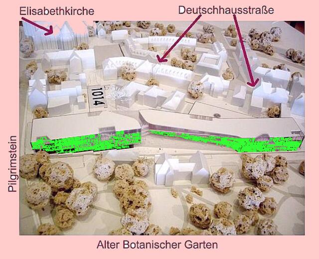 Das künftige Aussehen der Neuen Uni-Bibliothek anstelle der alten Frauenklinik unmittelbar am Alten Garten (Entwurf Architekt Sinning, Darmstadt)   (Quelle: Philipps-Univ. Marburg; http://www.alterbotgarten-marburg.de/ ). a&s-mut. - grün = direkt BoGaGr.