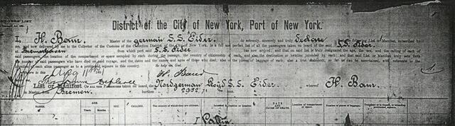District of the City of New York, das german S.S. Eider, Kapitän H. Baum