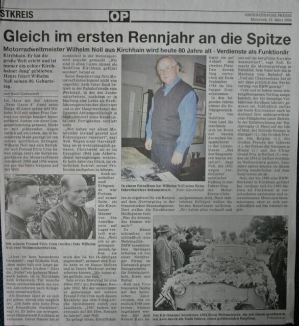 Oberhessische Presse vom 15. März 2006 - Wilhelm Noll wird 80 Jahre !