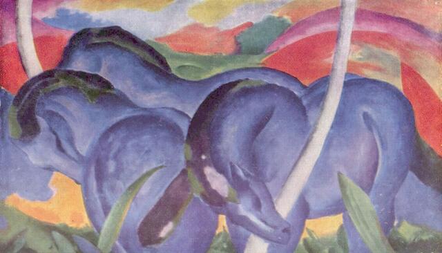 Franz MARC: Die großen blauen Pferde (1911). 102x160 cm, Walker Art Center Minneapolis. N. wikipedia - copyright is held by Zenodot Verlagsgesellschaft mbH and licensed under the GNU Free Documentation License.