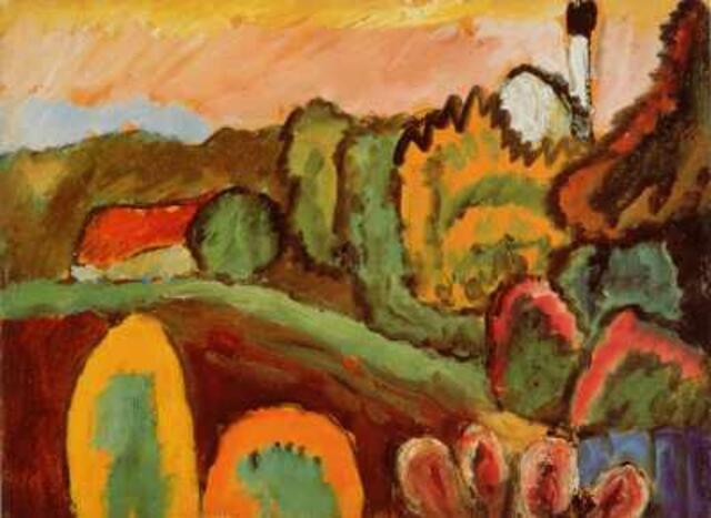 Gabriele Münter: Landschaft mit Kirche, 1910. Sammlung Ströher, Darmstadt/VG Bildkunst Bonn, 2010.