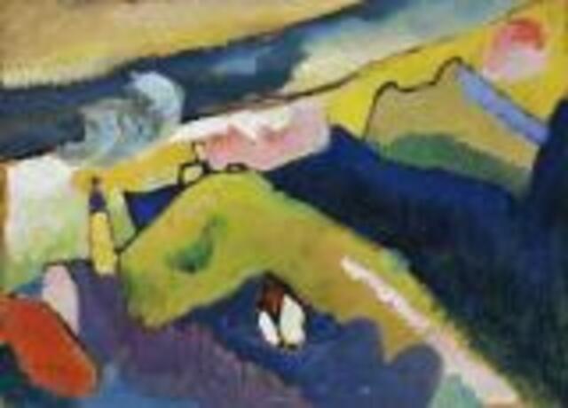 Wassily Kandinsky: Murnau – Berglandschaft mit Kirche, 1910. Städtische Galerie im Lenbachhaus, München/VG Bildkunst Bonn, 2010.