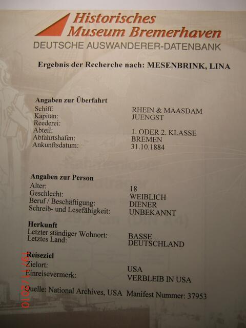 Nachweis von Lina Mesenbrink, 1884 in die USA